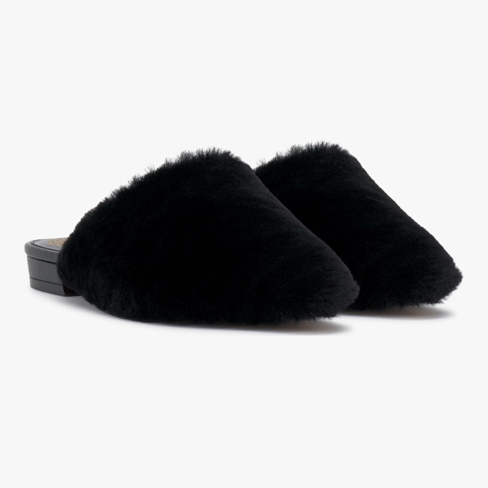NIB Vince Camuto Samara Black Shearling Faux Fur Pointed Mule Slides Flats 9.5